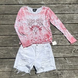 Harley Davidson Roses Tattoo style rhinestone Long sleeve